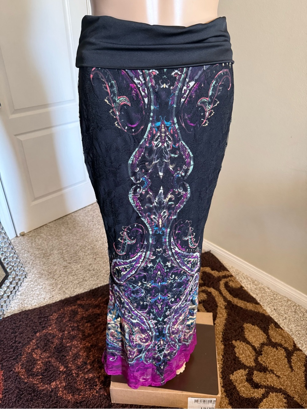 VENUS Black Maxi Skirt with Purple Paisley Lace Overlay
